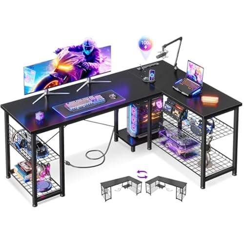 Casaottima 51 Inch L Shaped Gaming Desk with Shelves & Power Outlets