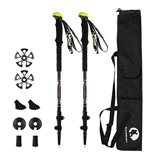 CANWAY Wanderstock aus ultralightem Carbon mit dem Quick Lock System und 4 Paar Gummipuffers einstellbar zwischen 64-147 cm Höhe mit 3 Schnitten