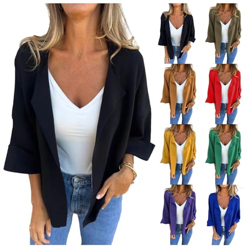Women's Cardigan 3/4 Sleeve Cropped Jacket Lapel Faux Suede Jacket Coats Loose Open Front Cardigans Fall Outerwear4