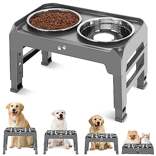 Elevated Dog Bowls, 4 Height Adjustable Raised Dog Bowl Stand with 2 Thick 50oz Stainless Steel Dog Food Bowls Non-Slip Dog Feeder for Large Medium Dogs Adjusts to 3.7″, 9.2″, 10.75″, 12.36″ Grey