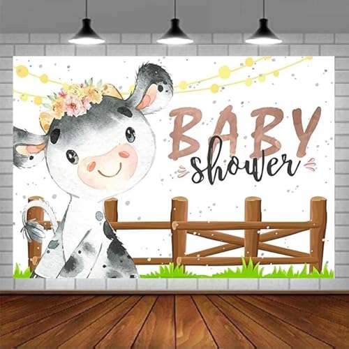 Baby Shower Photography Backdrop Cute Cartoon Dairy Cattle Cow Wooden Fence Green Grassland Background Kid Birthday Party Decor