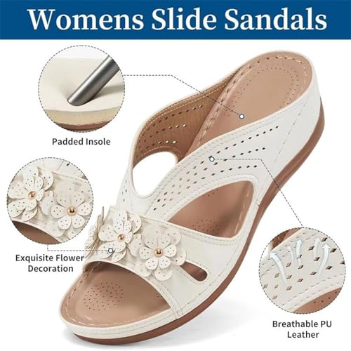 Spring Shoes for Women 2025,White Wedge Sandals for Women,Floral Sandals for Women,Slip on Dressy Summer Comfortable Slides Sandals,Lightweight Memory Foam Platform Shoes2