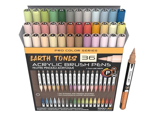 TOOLI-ART Ensemble de marqueurs peinture acrylique Earth Tones, pointe pinceau flexible de 1 à 7 mm, pour peinture sur pierre, lettrage au pinceau, verre, tasses, bois, métal, toile, tissu, plastique