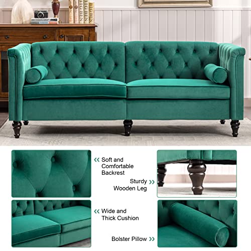 Ttgieet 76'' W Velvet Sofa Mid-Century Modern Love Seats, 3 Seater Sofa Couch With Two Bolster Pillows, Tufted Futon Sofa Furniture For Living Room Bedroom Office （Green） #TOP4
