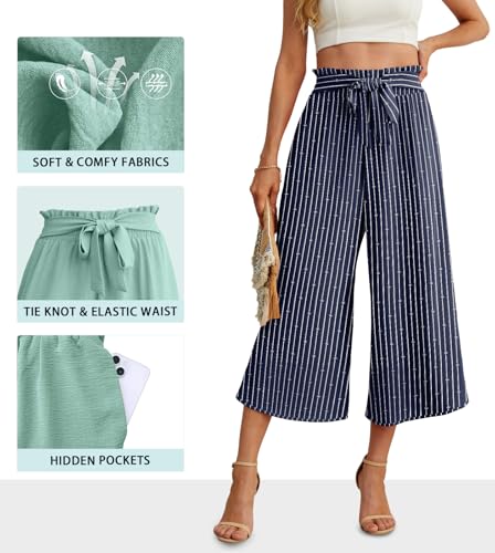 Image of IWOLLENCE Women Flowy Loose Wide Leg Pant Summer Beach Casual Trousers high Waist Adjustable Knot Business Work Casual Pants