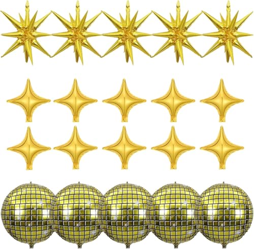Image of 20pcs 22Inch Golden Disco Ball Ballons, 4D Large Foil Balloons with Metallic Star for 70s Disco Dance Birthday Graduation New Year (Golden Star /Disco Ball 20pcs)