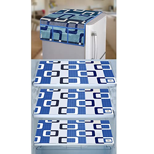 Image of Polyester 3-Layered Fridge Top Cover /Refrigerator Cover with Utility Pockets and Set of 3 Pc Fridge Mats (Color- Blue, Size-39x21 Inch)