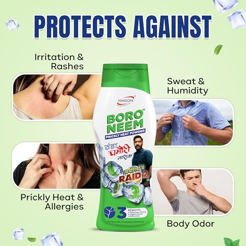 Image of Nimson Boro Neem Cool Talc 100g Pack of 3 | Prickly Heat Relief Powder | Antibacterial & Antifungal Talcum Powder | Soothing Cooling Body Talc for Summer Rash & Sweat Control | Men & Women