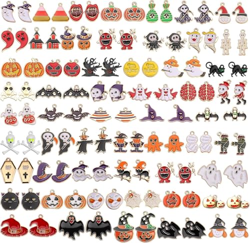 SANNIX 110Pcs 55 Pairs Halloween Charms Gold Enamel Jewelry Pendants for Halloween Earring Bracelet Necklace Craft Making