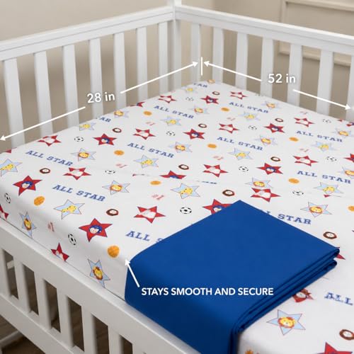 Image of EVERYDAY KIDS 2 Pack Fitted Boys Crib Sheet, 100% Soft Breathable Cotton Baby Sheet, Fits Standard Size Crib Mattress 28in x 52in, Nursery Sheet with Giraffe, Elephants Sports Theme and Solid Blue
