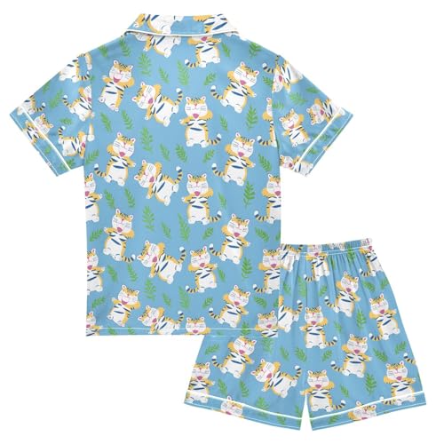 ALAZA Tiger Blue Pajamas Satin Pajama Set Short Sleeve Button Down Sleepwear2