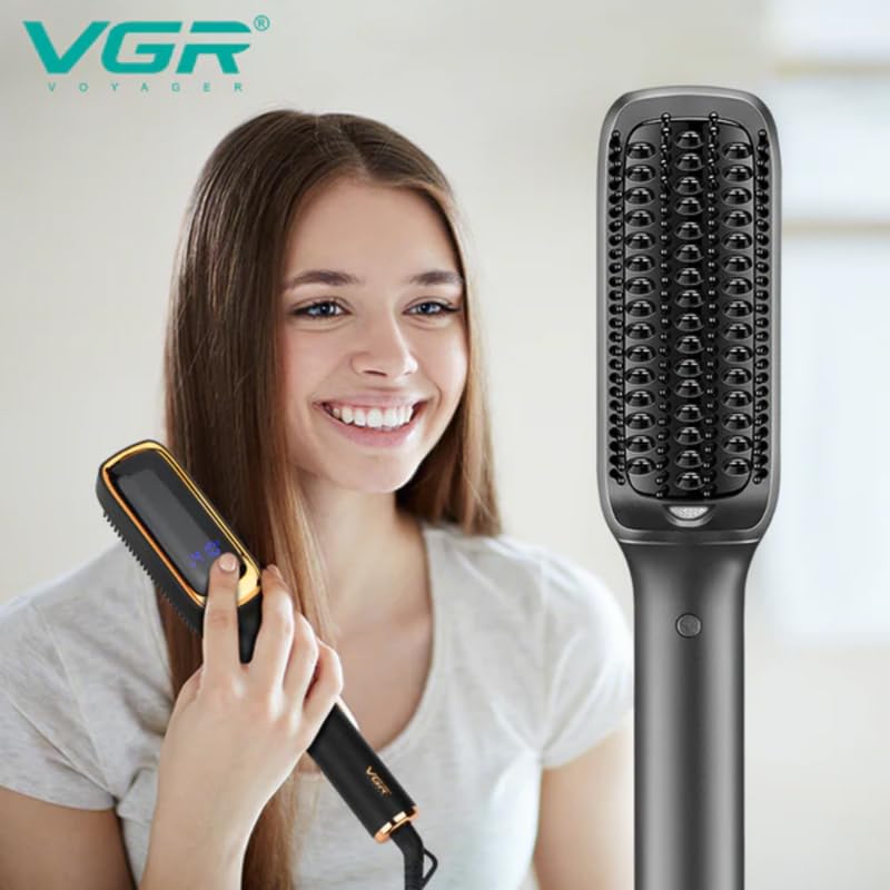 Diagram of the VGR V-560 hair straightening brush with numbered labels pointing to its ceramic coated comb, anti-scald design, ON/OFF button, LED indicator, and 360° swivel cord.
