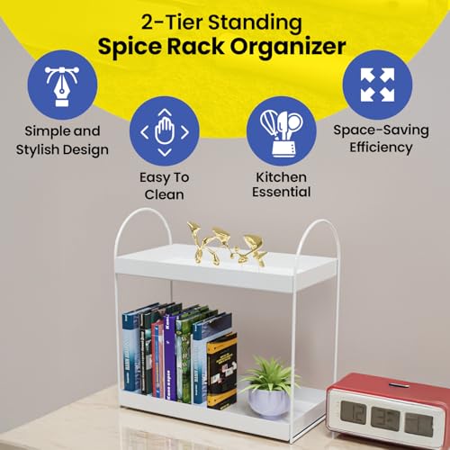 Image of WonderStand ROVA | 2-Tier Standing Spice Rack Storage Organizer, Bathroom Countertop Storage Shelf Cosmetic Organizer and Home /Kitchen Spice Rack (White)