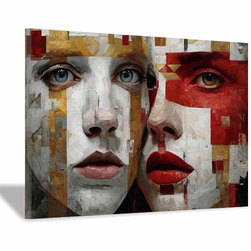 Peinture sur Toile Abstrait Visage pour Salon et Chambre - Cadre Kaki 40x60cm