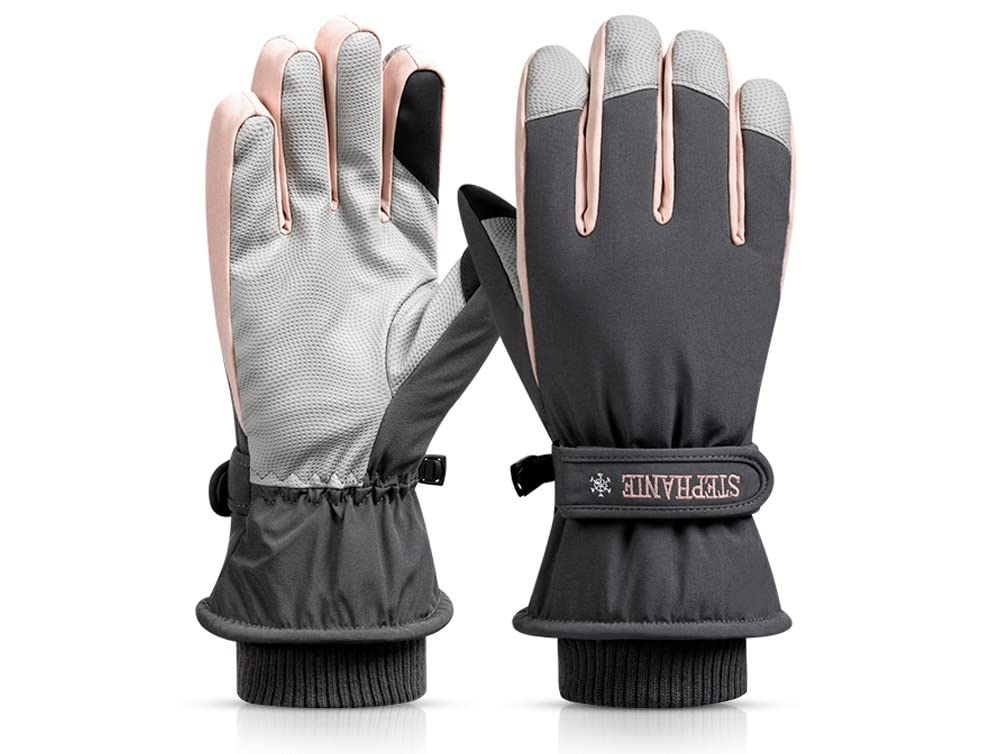 Women Winter Ski Gloves, Waterproof Touchscreen Snowboard Gloves, Windproof Warm Snow Gloves for Mens, Womens, Skiing, Snowboarding, Running and Cycling, One Size, Pink-Grey