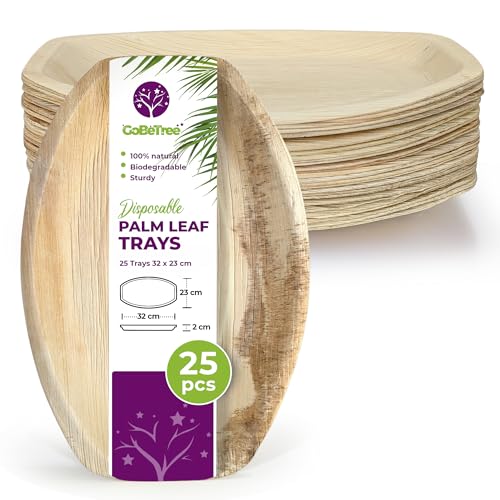 GoBeTree 25 Talerze Jednorazowe z Liścia Palmowego 32,5x23 cm Bambus. Talerze na Pieczenie, Bufet i Danie Główne, Jednorazowe Rustykalne
