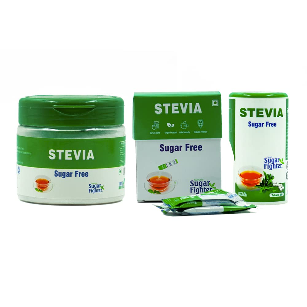 Sugar FighterStevia Combo - Zero Calories & Fat Free Natural Sweetener - 100gm Jar + 50 Sachets + 200 Tablets
