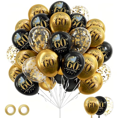 Happy 60th Birthday Balloons Party Deocorations for 60 Year Old Men Women - 60 Pcs Pack - Black and Gold 12 inch Vintage Tasteful Latex Big Confetti Balloon Birthday Party Supplies
