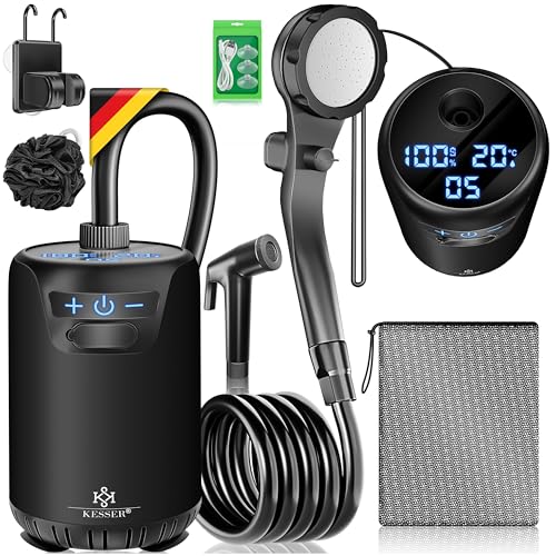KESSER® Ducha de camping móvil con bomba y batería recargable de 8000 mAh | Set de ducha de camping incluye cabezal de ducha ajustable, manguera de 2 m, pistola pulverizadora y soporte