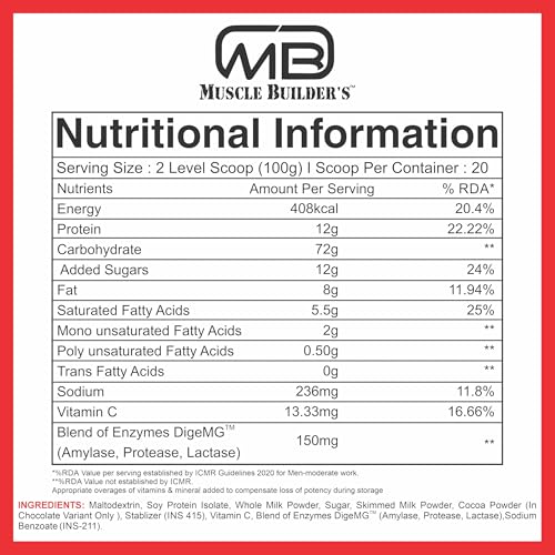 Image of M B Muscle Builder's High Protein Mass Gainer For Muscle Mass With Fruits Extracts,BCAAs And Advanced Weight Gain Formula,Top Gainer | weight gainer | 2lbs(Chocolate)