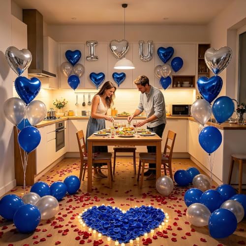 Image of I Love You Balloon Decoration Kit for Him, Royal Blue and Silver | 1000 Silk Rose Petals,Foil Heart Balloons,40 Latex Balloons,Ribbon and Glue Dots|Romantic Room Decor,Anniversary Valentine
