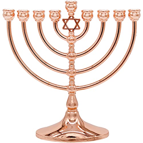 The Dreidel Company Hanukkah Menorah with Traditional Star Polished Copper Finish, Full Size 7 Inches Tall