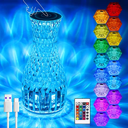 Lampe de Table En Diamant En Cristal, SUNJULY 16 Couleurs 4 Modes Lampes Diamant Rose Avec Télécommande Tactile, USB Dimmable LED Lampe de Chevet Romantique Pour Chambre à Coucher Salon Fête (Vase) Cover
