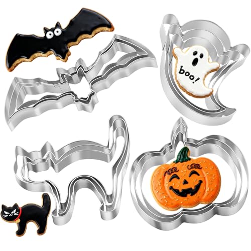 Halloween Cookie Cutters Set 12 Pcs, Stainless Steel Holiday Cookie Cutters Shape, 5.15” Bat, 3.54” Pumpkin, 3.34” Ghost, 3.5” Cat, Various Sizes Cute Cutters for Halloween Baking Party Decorations