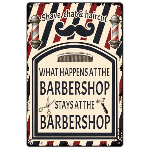 Barber Shop Poster Art: Il cartello in latta presenta motivi di luci colorate speciali per barbieri e strumenti da barbiere, con il testo umoristico 