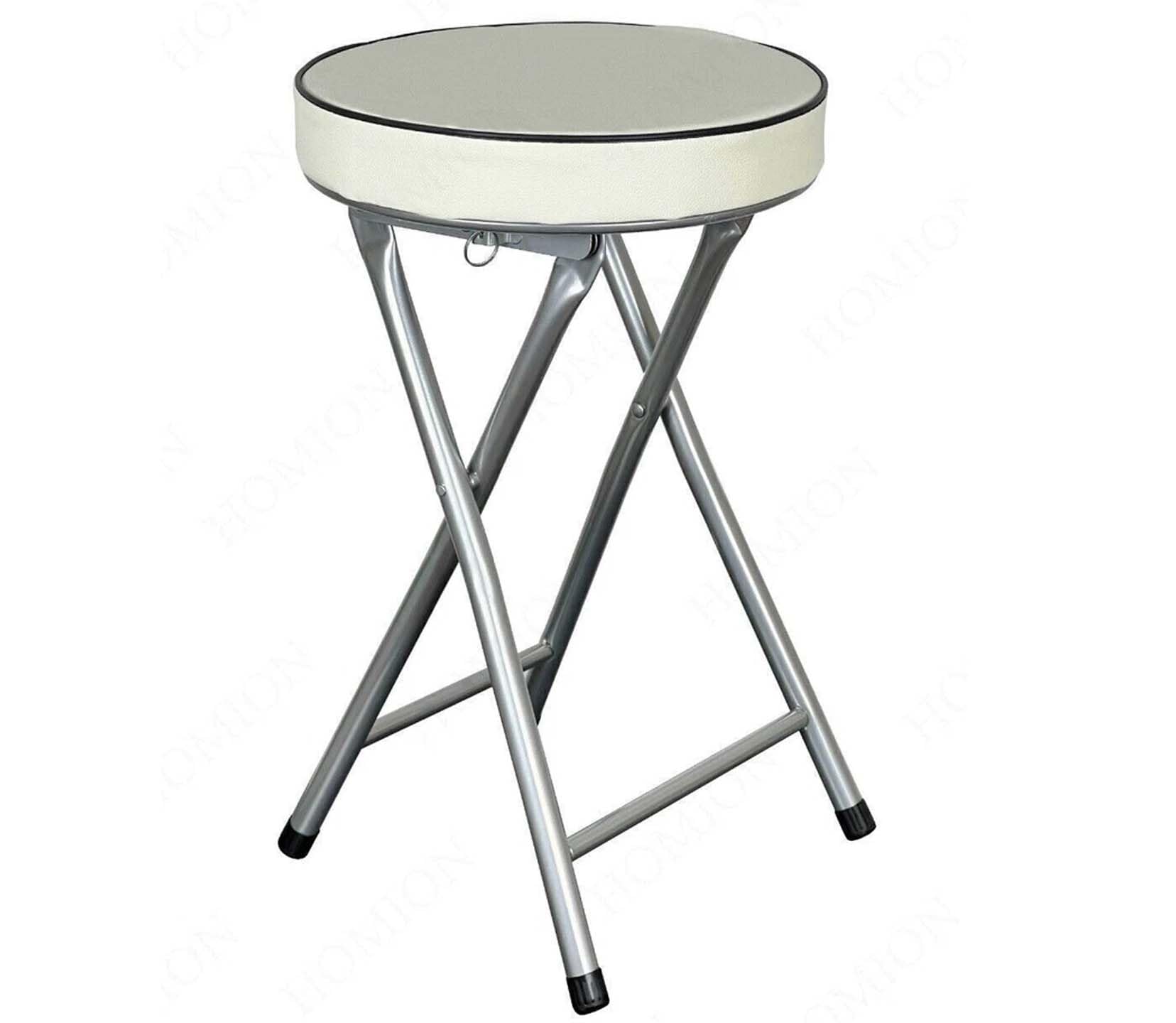 PREMZO Round Thick Padded Folding Stool Compact Small 49 cm Space Saving Lightweight Kitchen Dining Breakfast Bar Desk Seat Home Office Foldable Stool (Cream)