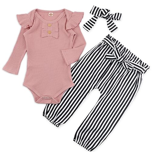 Image of Alakuoti Newborn Baby Girls Clothes Ribbed Ruffled Romper+Floral/Striped/Solid Pants+Headband Infant Fall Outfits