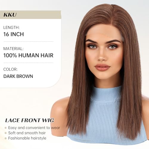 Image of KKU 16 Inch Human Hair Wig Real Hair Wigs for Women C Side Lace Wig Perfect Style for Any Occasion Brown