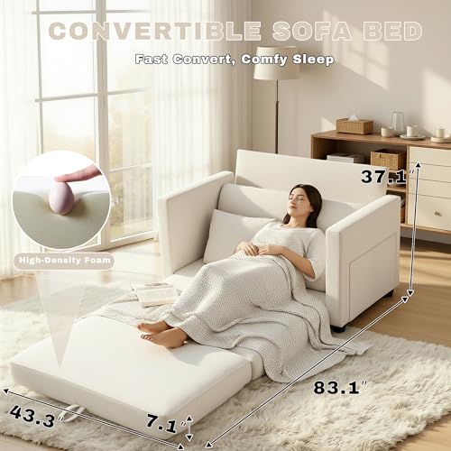Image of 52 inch Loveseat Sleeper Sofa Bed, Convertible Small Pull Out Couch with Solid Back, 2 Pillows, Modern Upholstered Loveseat for Compact Living Room, Apartment, Bedroom, Beige