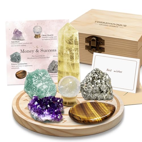 Abundance Healing Crystals Set for Money, Wealth & Success — Citrine Crystal, Pyrite, Green Aventurine, Tiger's Eye, Clear Quartz, Amethyst for Manifestation, Healing Stones Gift Set with Wooden Box
