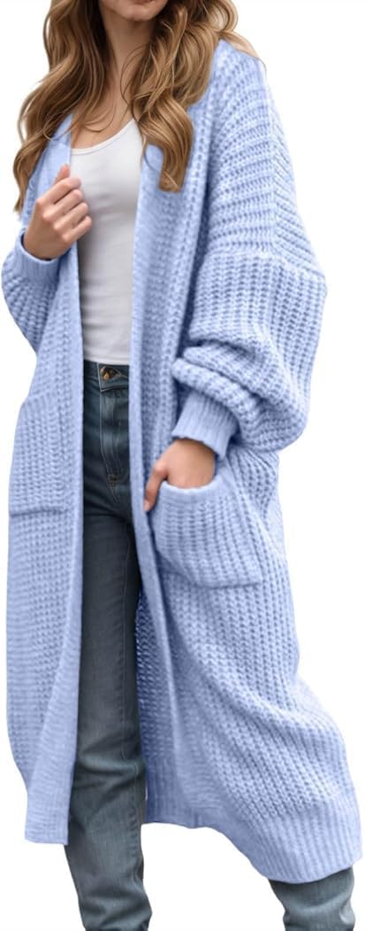 Long Sleeve Sweater for Women Oversized Open Front Cardigan Mid Length Knit Outwear Chunky Trendy Coat with Pocket
