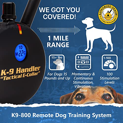 Educator K9-800 K9 Handler Professional E-Collar Dog Training Collar with Remote - Up to 1 Mile Range, Waterproof, Rechargeable, 100 Stimulation Levels, Vibration, Tone, 37-Inch Bungee Collar