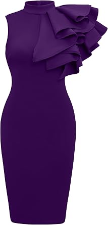 Memoriesea Womens Ruffle Sleeveless Bodycon Knee Length Party Pencil Midi Dress