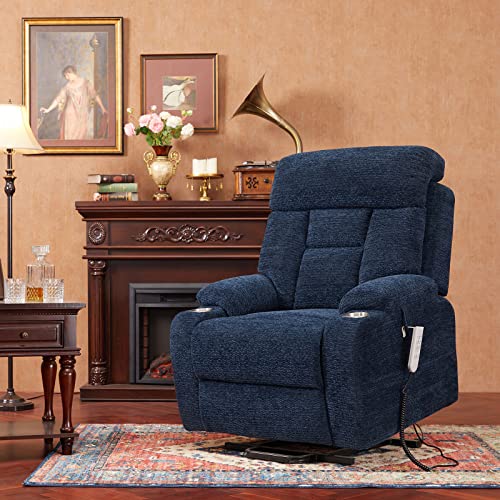 Creatuis Power Lift Chair With Three Okin Motor Electric Lift Recliner Chair For Elderly With Lumbar Support Lays Flat Chairs With Cup Holder And Side Pocket Chenille(Dark Blue) #TOP1