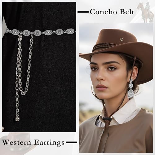 Cowgirl Belt for Women Western Jewelry Set with Western Earrings, Concho Belt Matching Country Concert Outfit, Vintage Cowboy Earrings as Halloween Gifts Cowgirl Jewelry Boho Outfit2