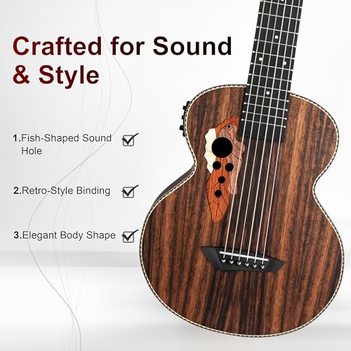 Image of 30inch Caramel CB904G Ebony Wood Electric Guitalele Small Guitar Kit Beginner Guitarlele Starter Bundle Strings, Padded Gig Bag, Strap Set (Ebony)