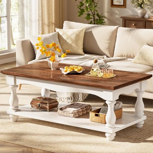 Besiost Farmhouse Coffee Table with Storage, 47' Mid Century Coffee Tables for Living Room, Modern 2-Tier Rectangle Coffee Table with Solid Wood Legs, Vintage Living Room Tables, Rustic Brown