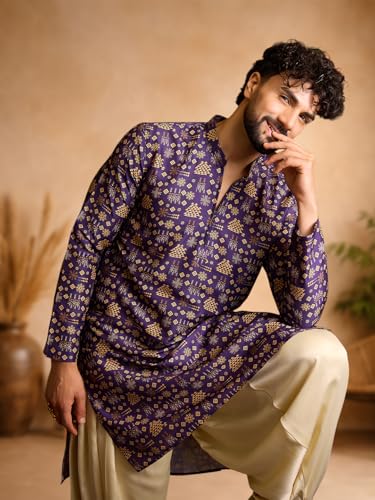 Image of Amazon Brand - Tavasya Men Silk Blend Ethnic Motif Printed Embellished Long Kurta | Regular Fit | Ethnic Wear | Full Sleeve