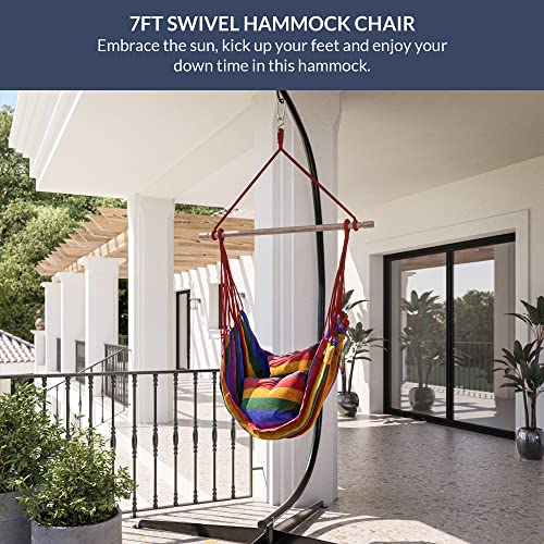 Belleze Swing Hammock Chair Hanging Rope With Cushions, C Stand Solid Steel Offset Base, 360 Degree Rotation, Porch Swing Chair For All Indoor Outdoor Spaces - Rainbow/Black #TOP4