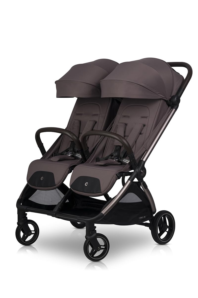 Silla de Paseo Gemelar Deuxx estructura resistente y capotas extensibles. Bebé, niño y niña. Marrón Chocolate