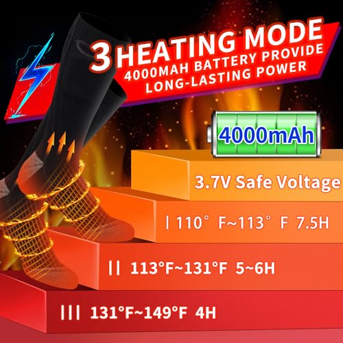 Heated Socks for Men Women, 4000mAh Rechargeable Heated Socks with 3 Heat Settings, Electric Heated Socks Foot Warmer Socks for Camping, Skiing, Hiking, Hunting, Winter Outdoor Sports,Black,Large - Image 3