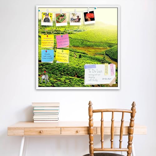 Image of ArtzFolio Tea Plantations, Munnar, Kerala | Bulletin Board Notice Pin Board | Vision Soft Board Combo with Thumb Push Pins & Sticky Notes | White Frame | 28 x 28 inch (71 x 71 cms)
