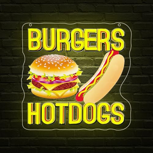 Image of Hot Dogs Burgers Neon Signs for Wall Decor,Hot Dogs Led Neon Sign Party Decorations,Dimmable Hamburger Led Lights Sign for Business Food Restaurant Bar Birthday Party Decor,Hot Dog Shop Decor