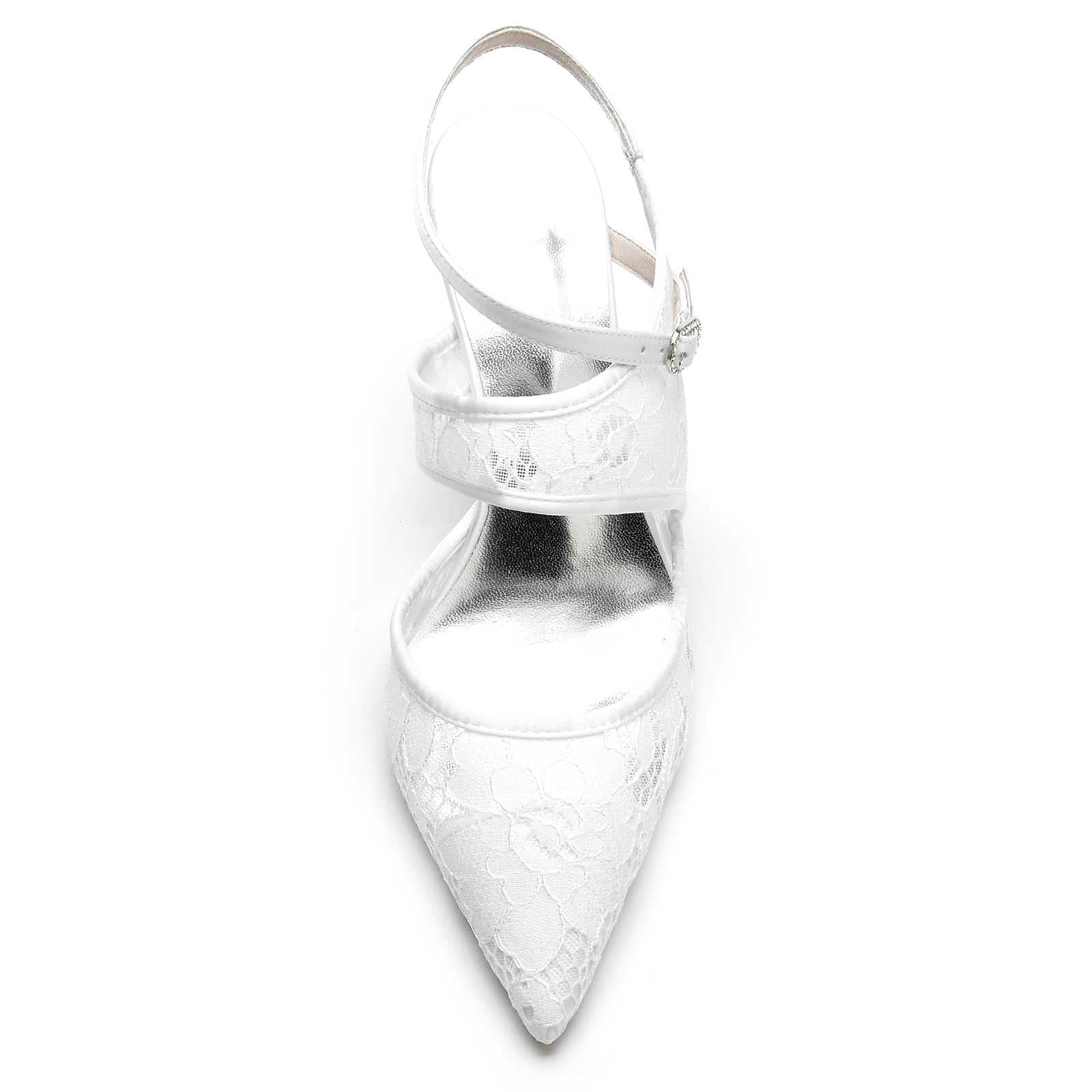 TarfiC Scarpe Decolté Donna Pizzo Scarpe col Tacco Basso Punta Chiusa Punta a Punta Fibbia Sposa Festa Sandali con Tacco Alto 8.5CM/Bianco Avorio Argento