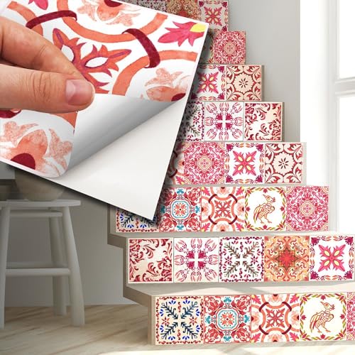 WALPLUS 120 Pcs 15cm (6) Moroccan Rose Red Mosaic Tile Stickers – Peel & Stick Self-Adhesive Backsplash for Kitchen & Bedroom – Removable Vinyl Wall Decals – DIY Home Decoration