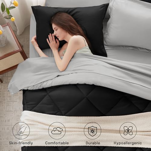 Anluoer King Comforter Set,Black and Grey Bed in a Bag 7 Piece,Lightweight Bedding Set with Soft Down Alternative Fill,Bed Set Includes Comforter, Fitted Sheet, Flat Sheet,Pillowcases and Shams